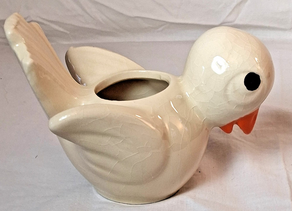 Vintage MCM Shawnee Pottery 4” Tall Bird Small Planter USA Cream Orange Beak